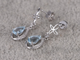 2.3ct Drop Earrings Pear Cut Aquamarine Halo Floral Dangle 14k White Gold Finish