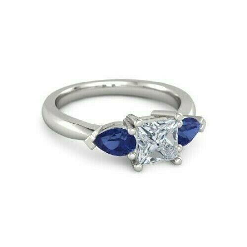 3Ct Princess Cut Diamond Trilogy Ring 14K White Gold Finish Sapphire Pear Accent