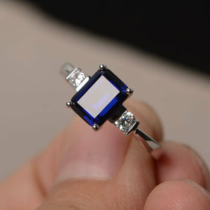 1.2ct Emerald Cut Blue Sapphire Engagement Ring 14k White Gold Finish Trilogy