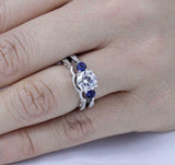 2ct Round Cut Diamond Blue Sapphire Bridal Set Trilogy Ring 14k WhiteGold Finish