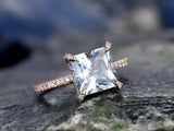 2.5Ct Princess Cut Blue Aquamarine Halo High Engagement Ring 14K Rose Gold Over