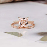 2ct Princess Cut Peach Morganite Engagement Ring Bridal Set 14k Rose Gold Finish