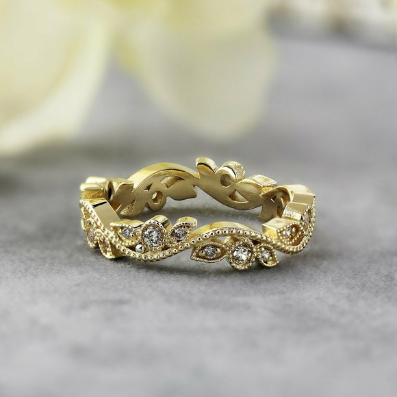 1Ct Round Cut Diamond Vintage Floral Vine Wedding Band 14K Yellow Gold Finish