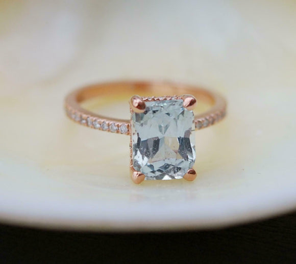 2ct Engagement Ring Radiant Cut Blue Aquamarine Diamond Accent 14k RoseGold Over