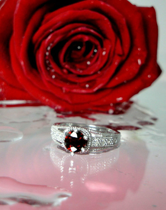 1.4ct Round Red Garnet Engagement Ring 14k WhiteGold Finish Milgrain Split Shank