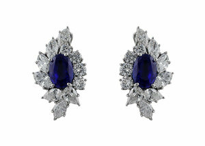 5Ct Oval Cut Blue Sapphire Diamond Iced Halo Stud Earrings 14K White Gold Finish