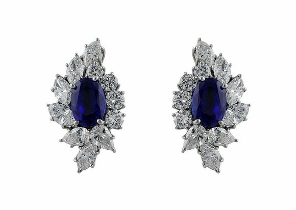 5Ct Oval Cut Blue Sapphire Diamond Iced Halo Stud Earrings 14K White Gold Finish