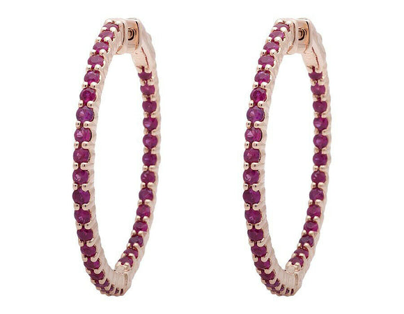 2.45ct Round Cut Pink Ruby Inside Out Style Hoop Earrings 14k Rose Gold Finish