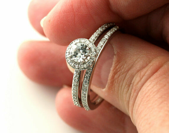 3Ct Round Cut Diamond Bridal Set Halo Engagement Ring Band 14K White Gold Finish