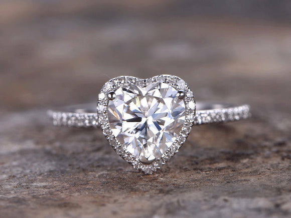 1ct Heart Cut Diamond Cluster Solitaire Engagement Ring 14k White Gold Finish