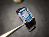 2.1ct Emerald Cut Blue Topaz Solitaire Engagement Men Ring 14k White Gold Finish