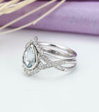 2.3ct Pear Blue Aquamarine Engagement Ring Curved Bridal Set 14k White Gold Over