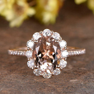 2ct Oval Cut Morganite Engagement Ring Halo Diamond Floral 14k Rose Gold Finish