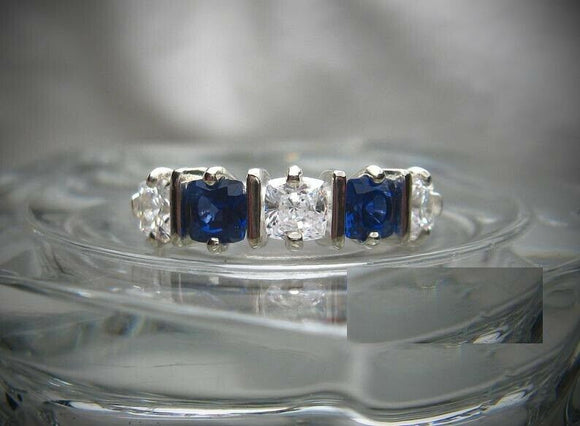 1.2ct Cushion Blue Sapphire 5 Stone Stackable Wedding Band 14k White Gold Finish