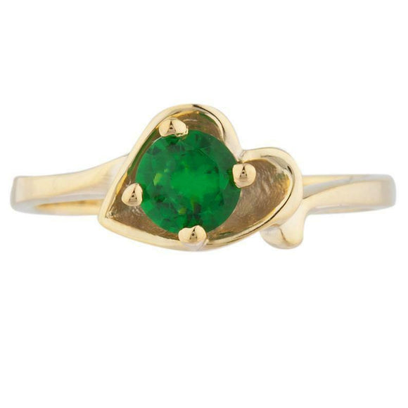 0.9ct Engagement Ring Round Cut Green Emerald Bypass Heart 14k YellowGold Finish