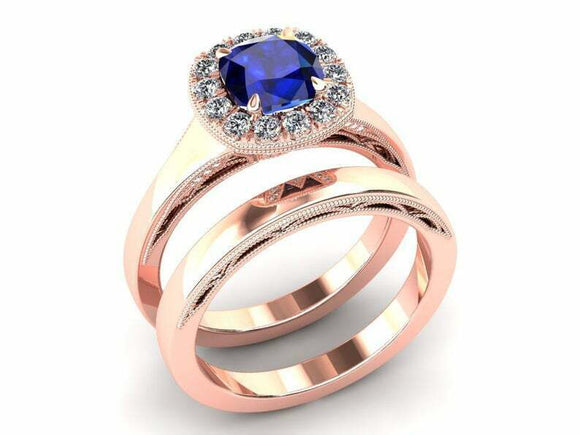 2ct Cushion Cut Blue Sapphire Engagement Ring Halo Bridal Set 14k Rose Gold Over