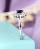 2.5ct Oval Cut Blue Sapphire Baguette Halo Engagement Ring 14k White Gold Finish