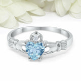 1.1Ct Heart Cut Blue Aquamarine Claddagh Ring Irish Promise 14K White Gold Over