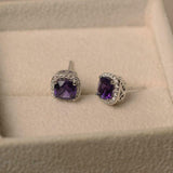 1ct Stud Earrings Round Cut Purple Amethyst Diamond Halo 14k White Gold Finish