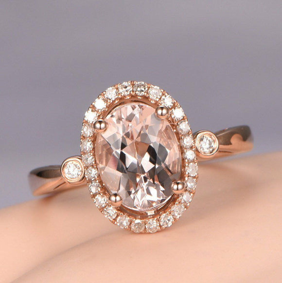 1.4ct Oval Cut Peach Morganite Halo Solitaire Engagement Ring 14k Rose Gold Over