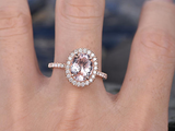 3.2ct Oval Cut Morganite Engagement Ring Halo Diamond Accents 14k Rose Gold Over