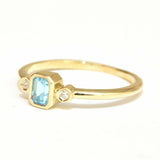 1ct Emerald Cut Aquamarine Bezel Set Trilogy Minimalist Ring 14k YellowGold Over