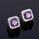 4Ct Princess Cut Purple Amethyst Diamond Halo Stud Earrings 18K White Gold Over