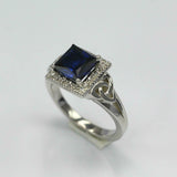 2.2ct Princess Cut Blue Sapphire Halo Celtic Trinity Ring 14k White Gold Finish