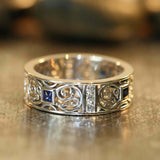 2.1ct Princess Blue Sapphire Wedding Band Vintage Filigree 14k White Gold Finish