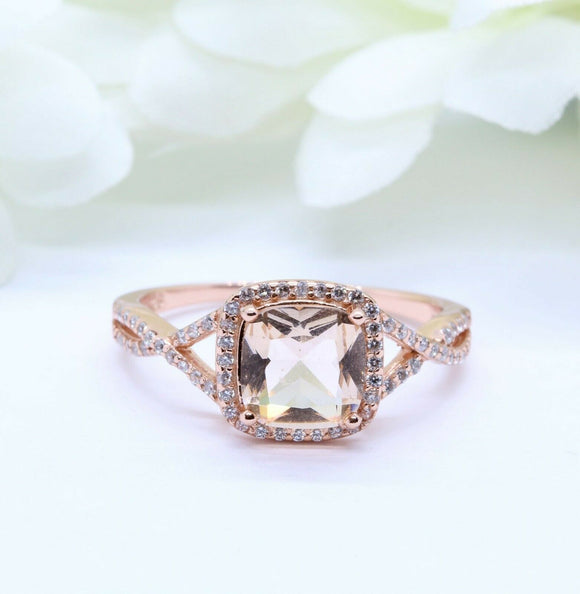 2ct Cushion Cut Morganite Engagement Ring Split Shank Halo 14k Rose Gold Finish