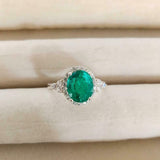 2.3ct Engagement Ring Oval Green Emerald Round Accent Halo 14k White Gold Finish