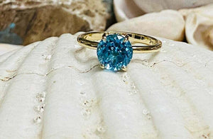 2.4ct Engagement Ring Round Cut Blue Topaz Solitaire Women 14k YellowGold Finish