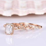 Milgrain Halo Trio Set Engagement Ring 2ct Emerald Cut Diamond 14k RoseGold Over