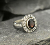 2.7ct Oval Cut Red Garnet Vintage Inspired Halo Ring 14k White Gold Finish