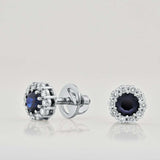 1.7ct Round Cut Blue Sapphire Diamond Halo Stud Earrings 14k White Gold Finish