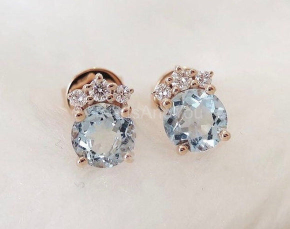 1ct Round Simulated Blue Aquamarine Cluster Stud Earrings 14k Rose Gold Plated