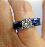 3.2ct Round Cut Diamond and Blue Sapphire Trilogy Ring 14k White Gold Finish