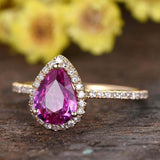 2ct Pear Cut Pink Sapphire Halo Solitaire with Accent Ring 14k YellowGold Finish