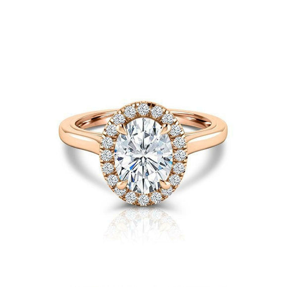 Halo Solitaire with Accents Ring 1.25ct Oval Cut Diamond 14k Rose Gold Finish