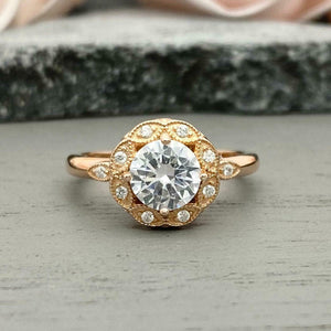 2ct Engagement Ring Round Cut Diamond Floral Milgrain Halo 14k YellowGold Finish