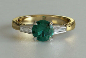 2ct Round Cut Green Emerald Engagement Ring Baguette Accent 14k Yellow Gold Over