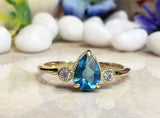 1.4ct Engagement Ring Pear Cut Blue Topaz Trilogy Minimalist 14k YellowGold Over