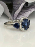 2ct Oval Cut Blue Sapphire 3 Stone Halo Engagement Ring 14k White Gold Finish