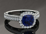 3ct Cushion Cut Blue Sapphire Halo Milgrain Bridal Set Ring 14k WhiteGold Finish