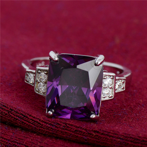 2Ct Radiant Purple Amethyst Diamond Accent Engagement Ring 14K White Gold Finish