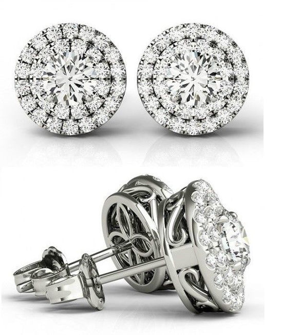 4ct Round Cut Diamond Dual Halo Art Deco Stud Earrings 14k White Gold Finish