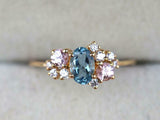 1.8ct Engagement Ring Oval Cut Blue Aquamarine Cluster 14k Yellow Gold Finish