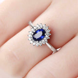 2.2ct Oval Cut Blue Sapphire Cluster Flower Solitaire Ring 14k White Gold Finish