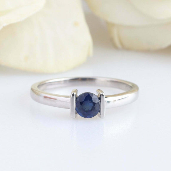 0.5ct Round Cut Blue Sapphire Tension Set Solitaire Ring 14k White Gold Finish