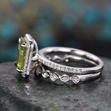 3Ct Emerald Cut Green Peridot Halo Bridal Set Vintage Band 14K White Gold Finish